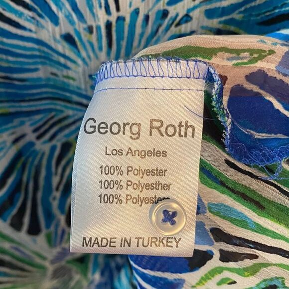 George Roth Sz M Sheer Blue Green Large Tropical Flowers Sequin Collar Tunic - Picture 7 of 8